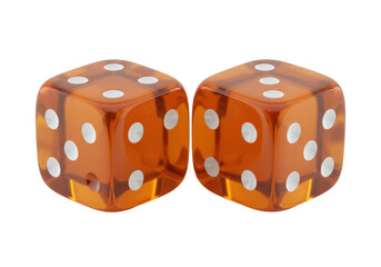 Isolated pair of orange dice, translucent amber gambling game equipment, table game luck