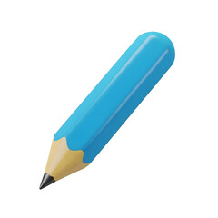 3D Blue Pencil with Yellow Wood and Black Tip on Transparent Background writing drawing