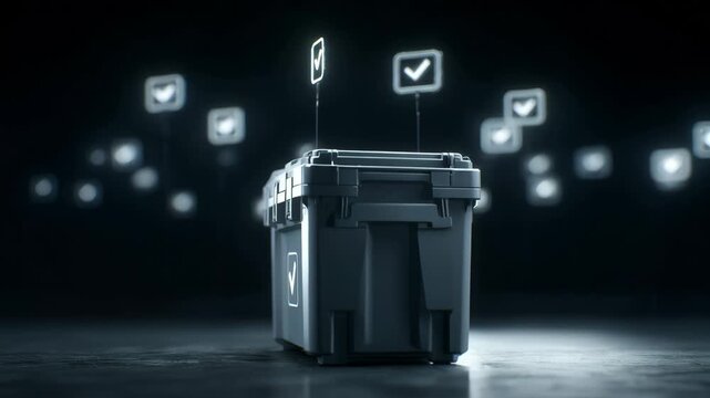 Medium shot of a secure digital ballot box with blockchain verification symbols representing trust and accountability in modern voting systems.