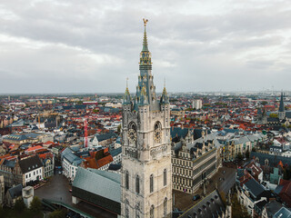 Drone View Over Ghent with Belfry Tower