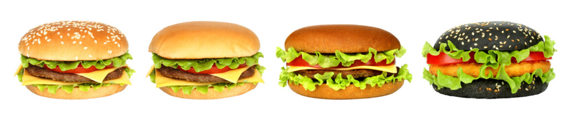 Set of different burgers isolated on transparent background