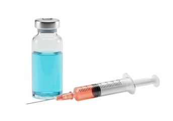 Isolated vial with a vaccine and filled syringe prepared to give an injection to patient