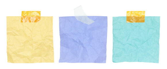 Set of crumpled note papers attached with adhesive tape isolated on transparent background