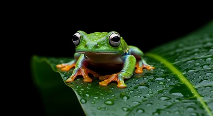 Obraz premium Emerald Jewel - A Vibrant Tree Frog Perched on a Dew-Kissed Leaf.