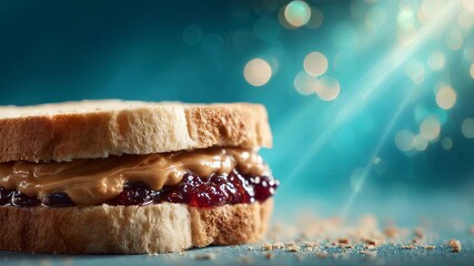 A sandwich with peanut butter and jelly between slices of bread sits against a blue background. The peanut butter and jelly spill slightly from the bread. - Powered by Adobe