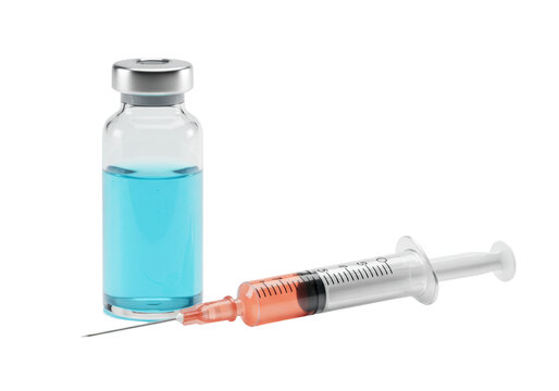 Isolated vial with a vaccine and filled syringe prepared to give an injection to patient