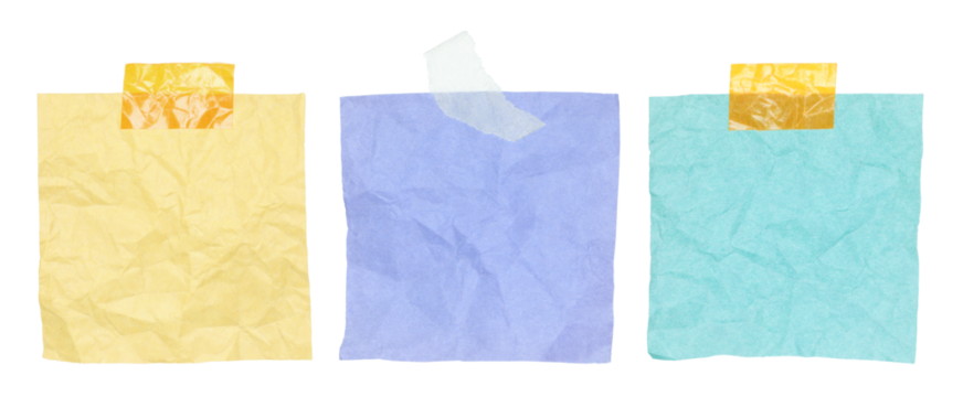 Set of crumpled note papers attached with adhesive tape isolated on transparent background