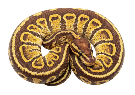 Isolated ball python curled up, exotic brown-and-yellow reptile with detailed scales, studio shot