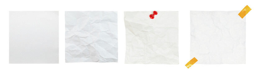 Set of wrinkled notepad paper sheets with adhesive tape isolated on transparent background