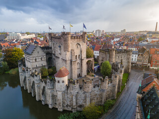 Naklejka premium Ghent Aerial Drone Panorama with Gravensteen