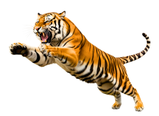 Fierce tiger roaring with open mouth and extended paws isolated on transparent background