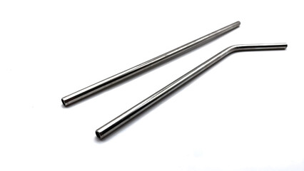 two silver stainless steel straw isolated on white background