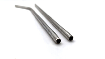 two silver stainless steel straw isolated on white background
