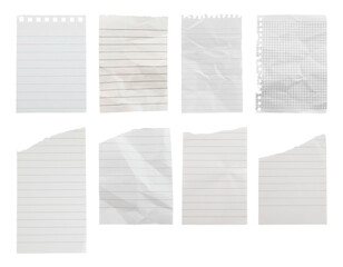 Set of torn and wrinkled notebook sheets isolated on transparent background