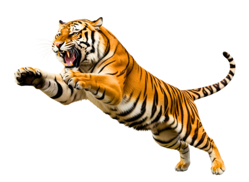 Fierce tiger roaring with open mouth and extended paws isolated on transparent background