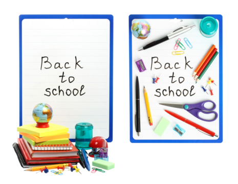 Set of mini compositions of stationery items for back to school isolated on transparent background