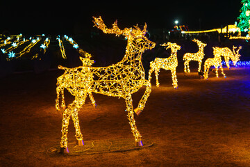 Bright reindeer figures, glowing light installations in outdoor park at night with colorful festive Christmas decorations and garlands. Atmosphere of winter holidays, New Year illumination © katyamaximenko