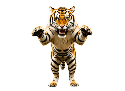 Fierce tiger roaring with open mouth and extended paws isolated on transparent background