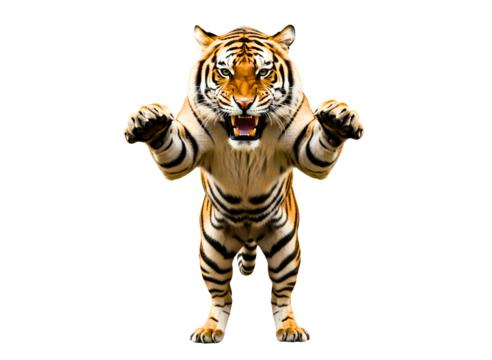 Fierce tiger roaring with open mouth and extended paws isolated on transparent background
