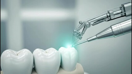 Robotic arm performing dental laser procedure on tooth for modern dentistry technology. Medical innovation 3d animation. - Powered by Adobe