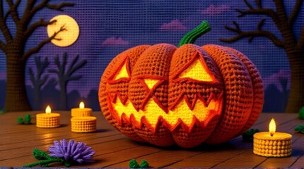 A hand-crocheted orange pumpkin with a jack-o'-lantern face and a green stem is placed on a wooden surface. It's surrounded by three lit candles in yellow holders and purple flowers.