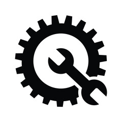 Minimalist black and white vector icon featuring a gear and wrench symbol. The clean, centered design represents mechanics, engineering, repair, and technical maintenance concepts.