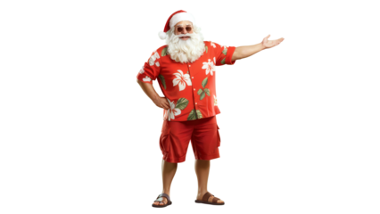 Happy santa claus wearing a hawaiian shirt and shorts with a beard and sunglasses isolated on transparent background