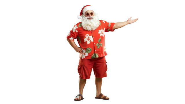 Happy santa claus wearing a hawaiian shirt and shorts with a beard and sunglasses isolated on transparent background - Powered by Adobe