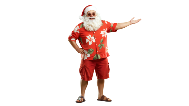 Happy santa claus wearing a hawaiian shirt and shorts with a beard and sunglasses isolated on transparent background