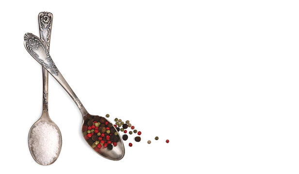 Frame/ border with vintage metal spoons with spices and sea salt. Isolated on a transparent background. Cut out. With transparent shadow. Top view. Food background. Cooking, diet  PNG - Powered by Adobe