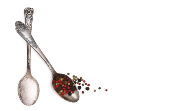 Frame/ border with vintage metal spoons with spices and sea salt. Isolated on a transparent background. Cut out. With transparent shadow. Top view. Food background. Cooking, diet  PNG