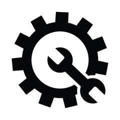 Minimalist black and white vector icon featuring a gear and wrench symbol. The clean, centered design represents mechanics, engineering, repair, and technical maintenance concepts.