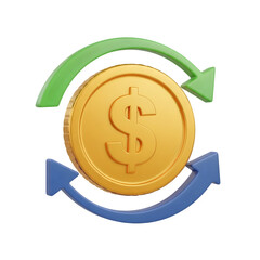 3D golden dollar coin with green and blue circular arrows indicating exchange golden coin dollar sign