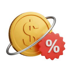 3D golden dollar coin with silver ring and red percentage discount tag golden coin dollar sign
