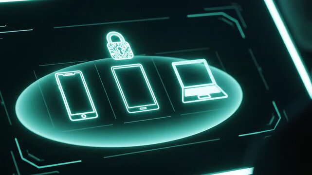 Digital Transformation - MDM Policy Applied: Policy chip lands on phone; padlock bead appears and aura settles.