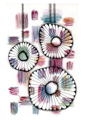 The painting depicts three abstract hanging circles, reminiscent of decorative elements or modern jewelry. Each is composed of thin radial lines converging toward the center. 