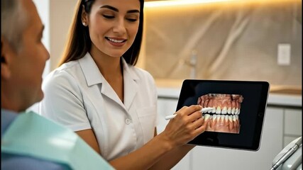 Woman dentist explains jaw model on tablet to senior man, discussing dentistry and modern stomatology technology, footage - Powered by Adobe