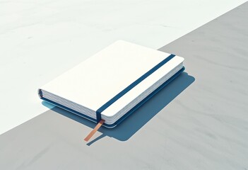 Closed white notebook with orange bookmark rests on pale surface in bright light.