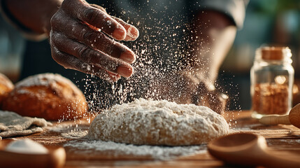 Baker Sprinkling Flour on Fresh Dough in Artisan Bakery Kitchen