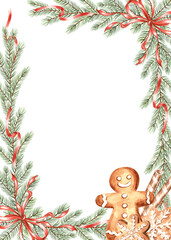Gingerbread man with cookies and spruce branches with red bows, watercolor Christmas card. Isolated template frame with fir twigs for prints. Hand-drawn pine sprigs illustration for winter background.