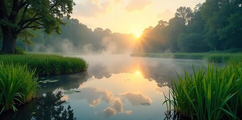Serene Dawn at the Misty Pond Tranquil Water Reflecting the Morning Sky, Lush Green Vegetation, Perfect for Nature, Ecology, and Environmental Themes