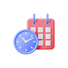 3D Icon of a Pink Calendar and a Blue Clock symbolizing scheduling and time management on a transparent background