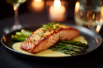 Elegant dinner scene featuring medium rare salmon steak served on a black plate with asparagus and creamy sauce, illuminated by soft candlelight ambiance