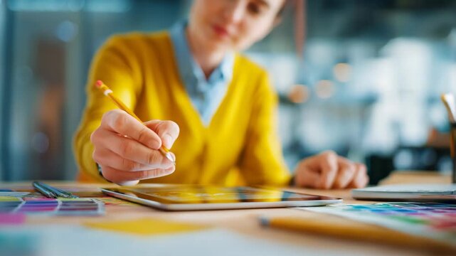 Creative professional drafting an innovative job description on a digital tablet emphasizing artistic skills and unique project responsibilities in a vibrant workspace.