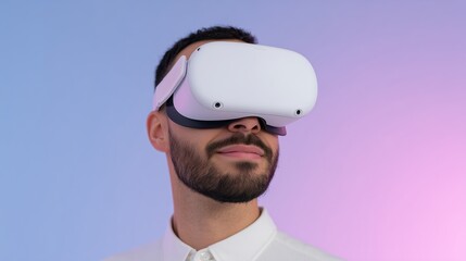 Middle Eastern man using white VR headset smiling under lavender blue gradient light futuristic studio