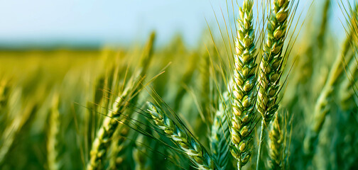 Close up of green wheat stalks swaying gently in a vast agricultural field under a clear sky