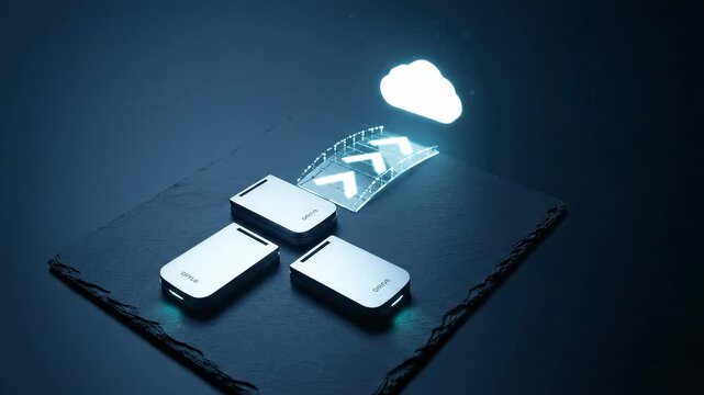 Digital Transformation - Cloud Migration: Drive caddies align; ripple arrows traverse a dotted bridge into a bright cloud disc and idle.