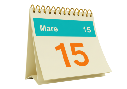 Isolated desk calendar showing March 15th, page flipping toward the next day reminder