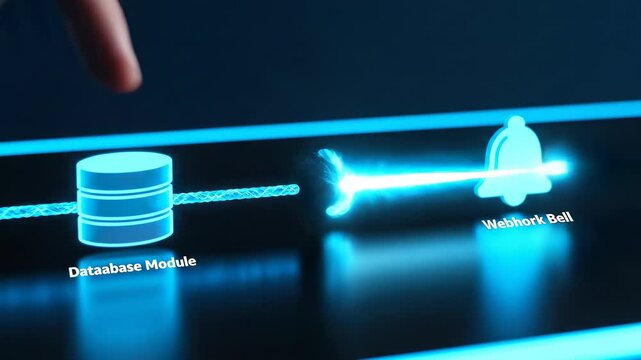 Digital Transformation - API-First Integration: Glow-tipped rope cable snaps between modules; a single pulse travels end-to-end and rests.
