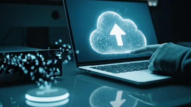 Digital Transformation - Cloud Migration: Rack faceplate exhales data beads that arc into a soft cloud above a laptop as an uplift icon waits.